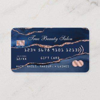 Navy Blue Rose Gold Agate Marble Credit Gift Card