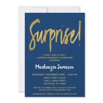 Navy Blue Script Surprise Retirement Invitation