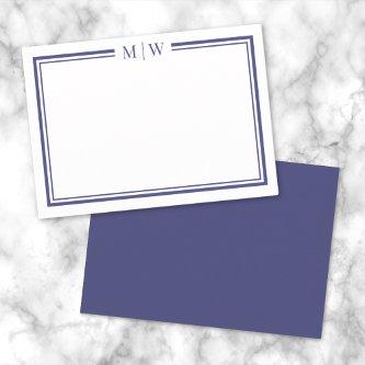 Navy Blue Two Border Minimalist Monogram Note Card