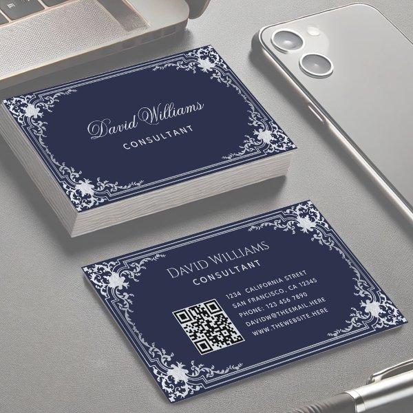 Navy Blue Vintage Elegant Script QR Code on Back