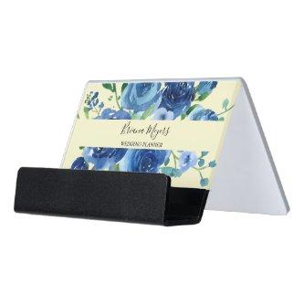 Navy Blue Watercolor Modern Floral Script Desk Bus Desk  Holder