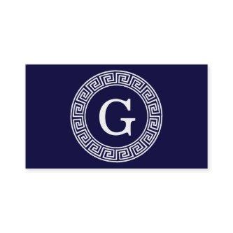 Navy Blue Wht Greek Key Rnd Frame Initial Monogram