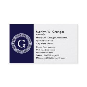Navy Blue Wht Greek Key Rnd Frame Initial Monogram