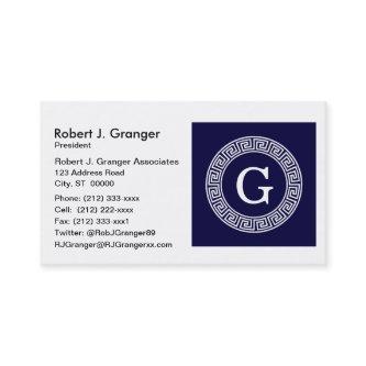 Navy Blue Wht Greek Key Rnd Frame Initial Monogram