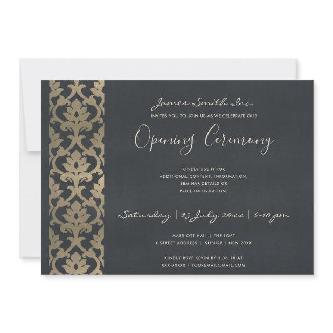 NAVY FAUX SILVER DAMASK GRAND OPENING CEREMONY INVITATION