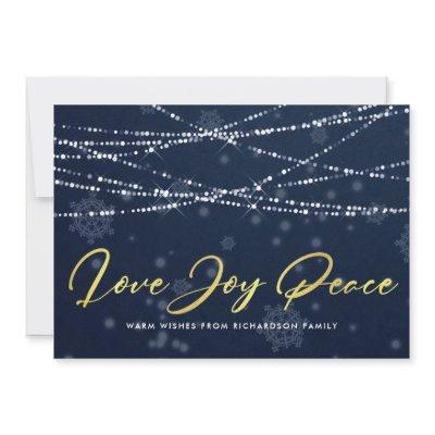 NAVY GOLD SNOWFLAKE LIGHT STRINGS LOVE JOY PEACE HOLIDAY CARD