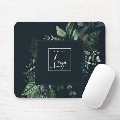 Navy Modern Green Leafy Tropical Foliage Fern Logo Mouse Pad