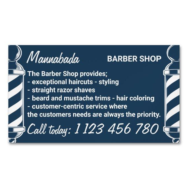 Navy pole barbering on the go barbershop magnet