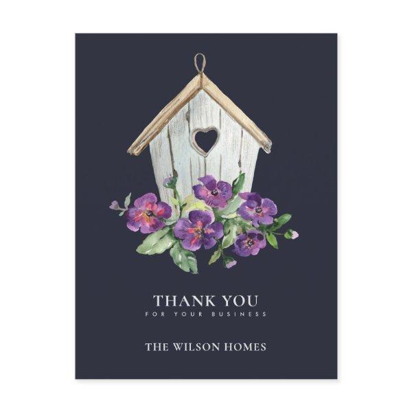 NAVY RUSTIC FLORAL BIRDHOUSE REALTOR THANK YOU ANNOUNCEMENT POSTCARD