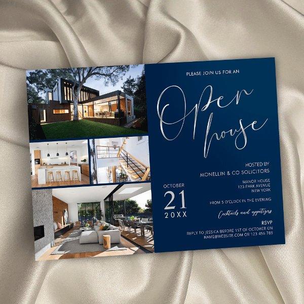 Navy & Silver Modern Real Estate Open House Photos Invitation