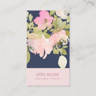 NAVY SOFT BLUSH PINK WATERCOLOR ROSE FLORAL BUNCH