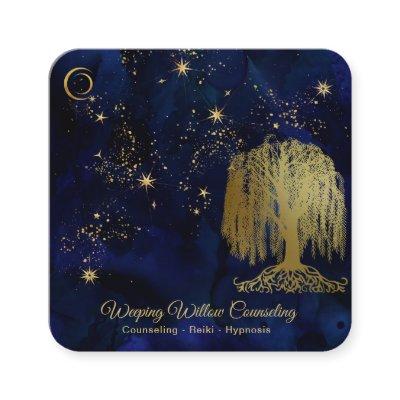 *~* Navy Weeping Willow Tree Gold Universe Cosmic Square