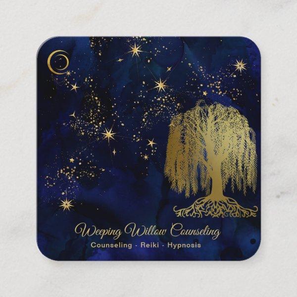 *~* Navy Weeping Willow Tree Gold Universe Cosmic Square