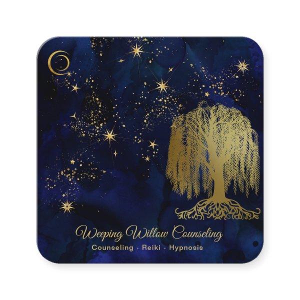 *~* Navy Weeping Willow Tree Gold Universe Cosmic Square