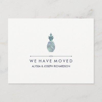 New Address with Blue Watercolor Look Pineapple Announcement Postcard