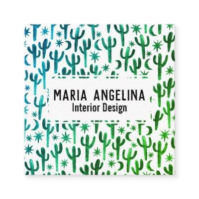 Night Desert Cactus Moon Stars Watercolor Green Square