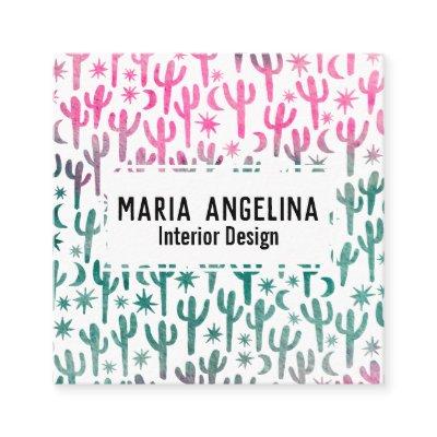 Night Desert Cactus Moon Stars Watercolor Pink Square