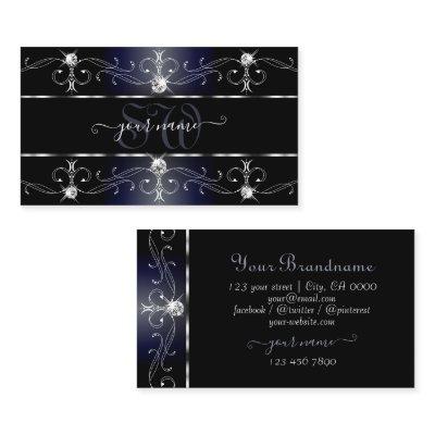 Noble Black Blue Ornate Borders Diamonds Monogram