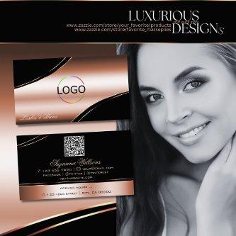 Noble Black Rose Gold Curved Lines Logo QR Code