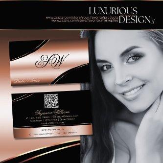 Noble Black Rose Gold Curved Lines Monogram QRCode