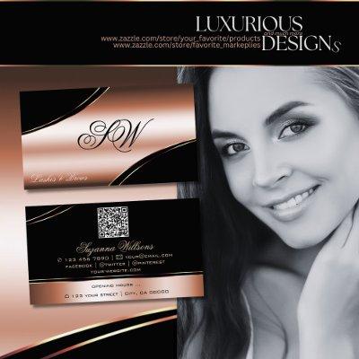 Noble Black Rose Gold Curved Lines Monogram QRCode