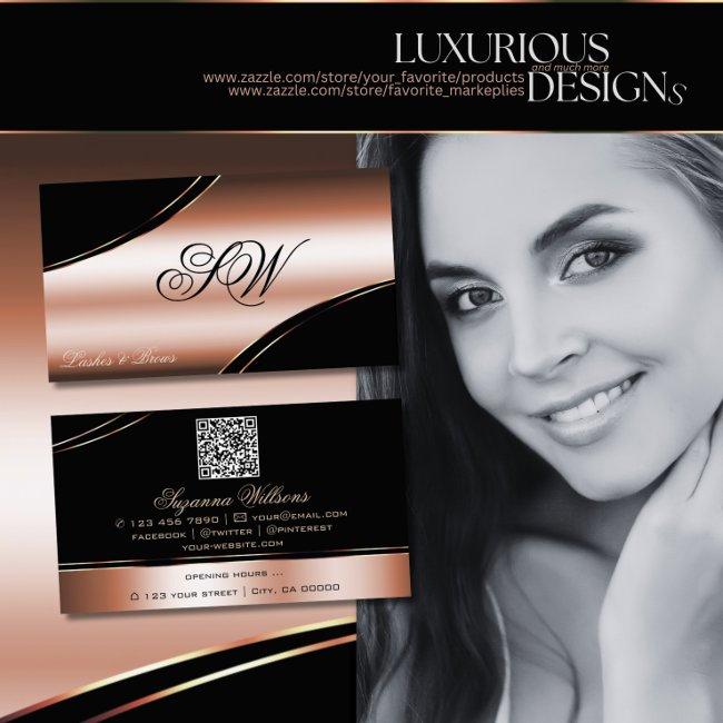 Noble Black Rose Gold Curved Lines Monogram QRCode