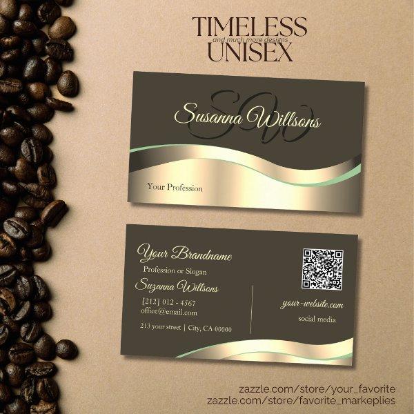 Noble Dark Brown Wavy Gold Decor Initials QR Code