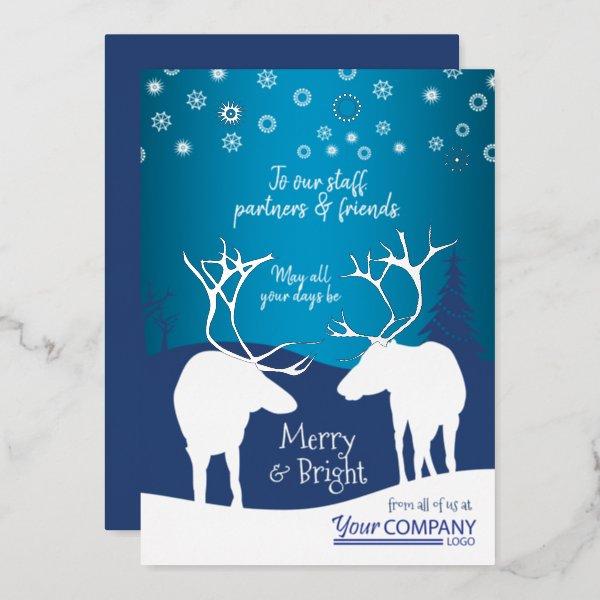 Nostalgic Company Logo Blue Reindeer Christmas Foil Holiday Card