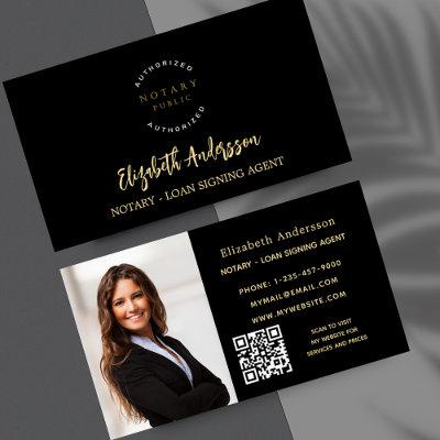 Notary loan signing agent black gold photo QR logo