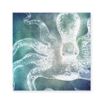 Octopus Midnight Blue Teal Watercolor Vintage Art Square