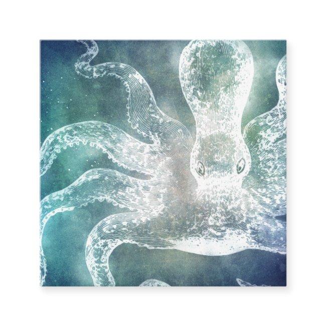 Octopus Midnight Blue Teal Watercolor Vintage Art Square