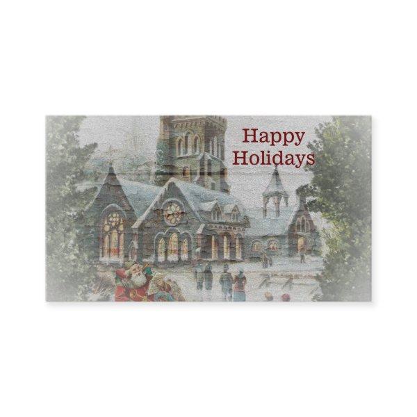 Old time Santa with children in front of a church