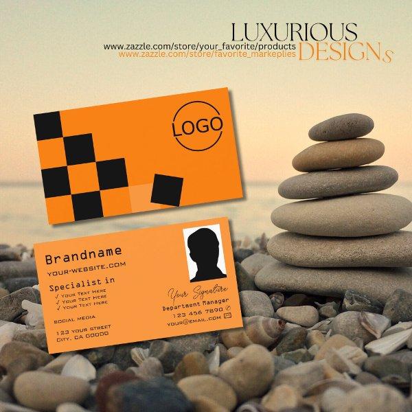 Orange and Black Chessboard with Logo & Photo Chic