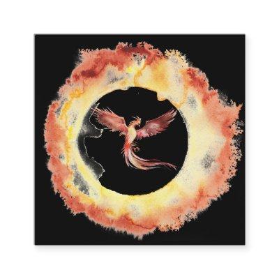 *~* Orange Red Flame Phoenix Ring of Fire Black Square