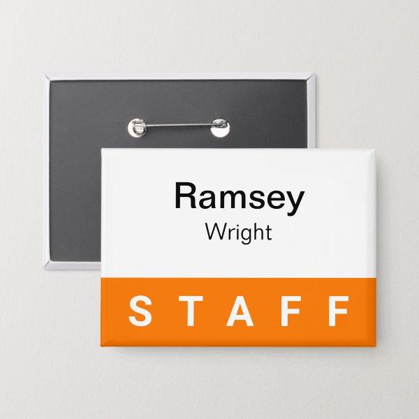 Orange Staff Pinback Badge Button Employee Nametag