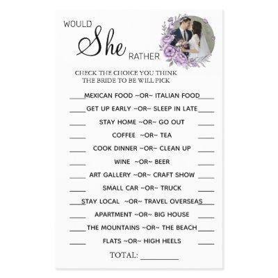 Orchid Would She Rather shower game card Flyer