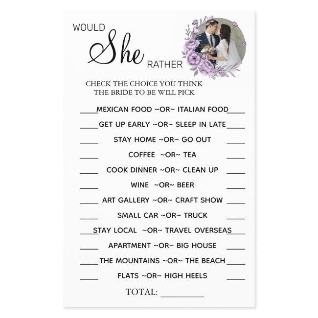Orchid Would She Rather shower game card Flyer