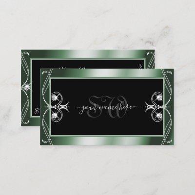 Ornamental Black Green Sparkle Diamonds Monogram