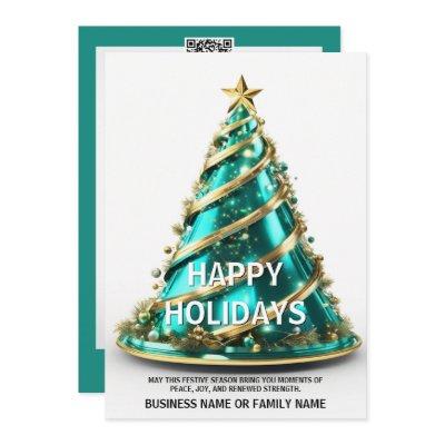 Ovarian cancer teal Christmas tree modern elegant Holiday Card