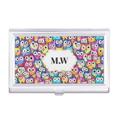 Owl faces cartoon doodle birds monogram initials  case
