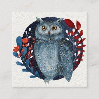 Owl Magical Floral Folk Art Watercolor Painting Square