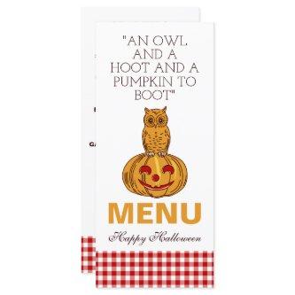 Owl on Pumpkin Gingham Pattern Menu