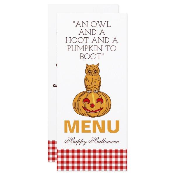 Owl on Pumpkin Gingham Pattern Menu