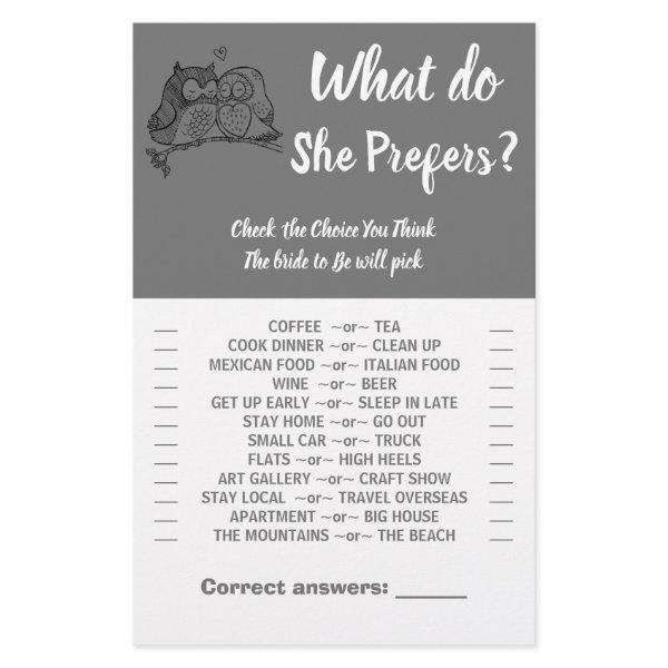 Owls Love Would She prefer Bridal Shower Game Card Flyer