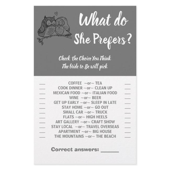 Owls Love Would She prefer Bridal Shower Game Card Flyer