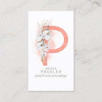 P Letter Monogram White Orchids and Pampas Grass