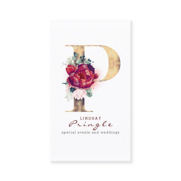 P Monogram Burgundy Red Flowers and Gold Glitter