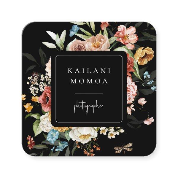 Painted Dark Floral Black Square