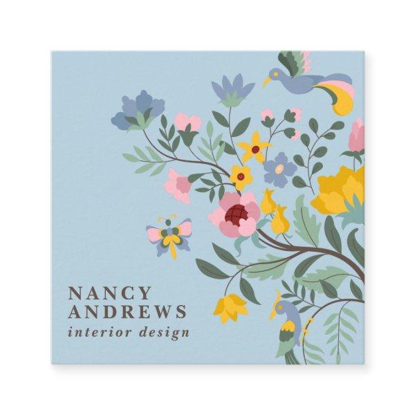 Pale blue floral bouquet whimsical illustration square