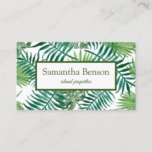 Palm Leaves Tropical Island Green & White Square